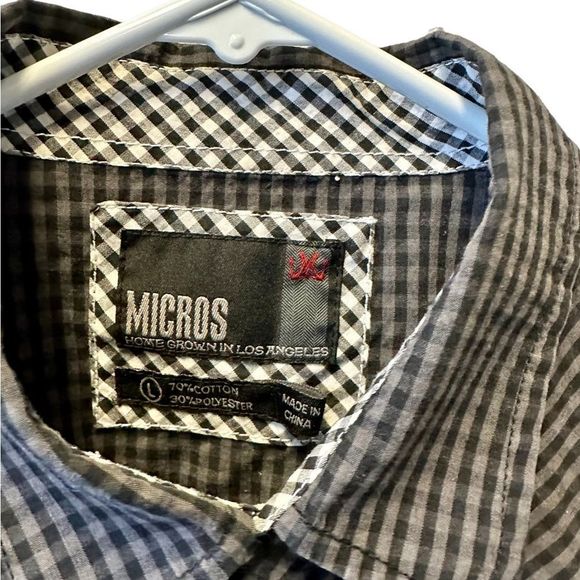Micros, Short Sleeve Button Down , Gray Black , Plaid , Pearl Snaps ,size Large - Picture 2 of 3